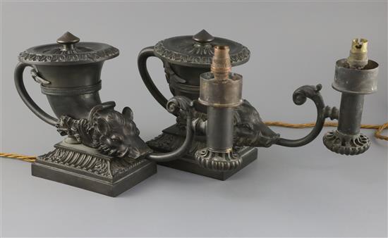 A near pair of Regency style bronze Colza oil lamps,